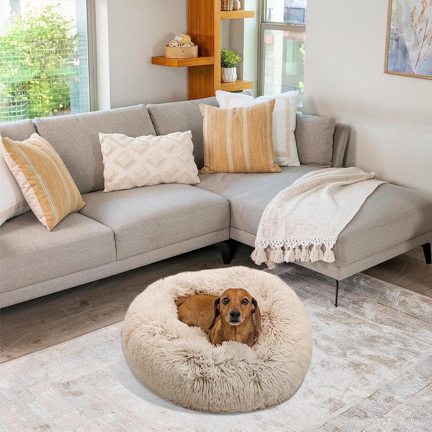 NovaPet Calming Donut Cat and Dog Bed in Shag Fur Taupe, Small 23"