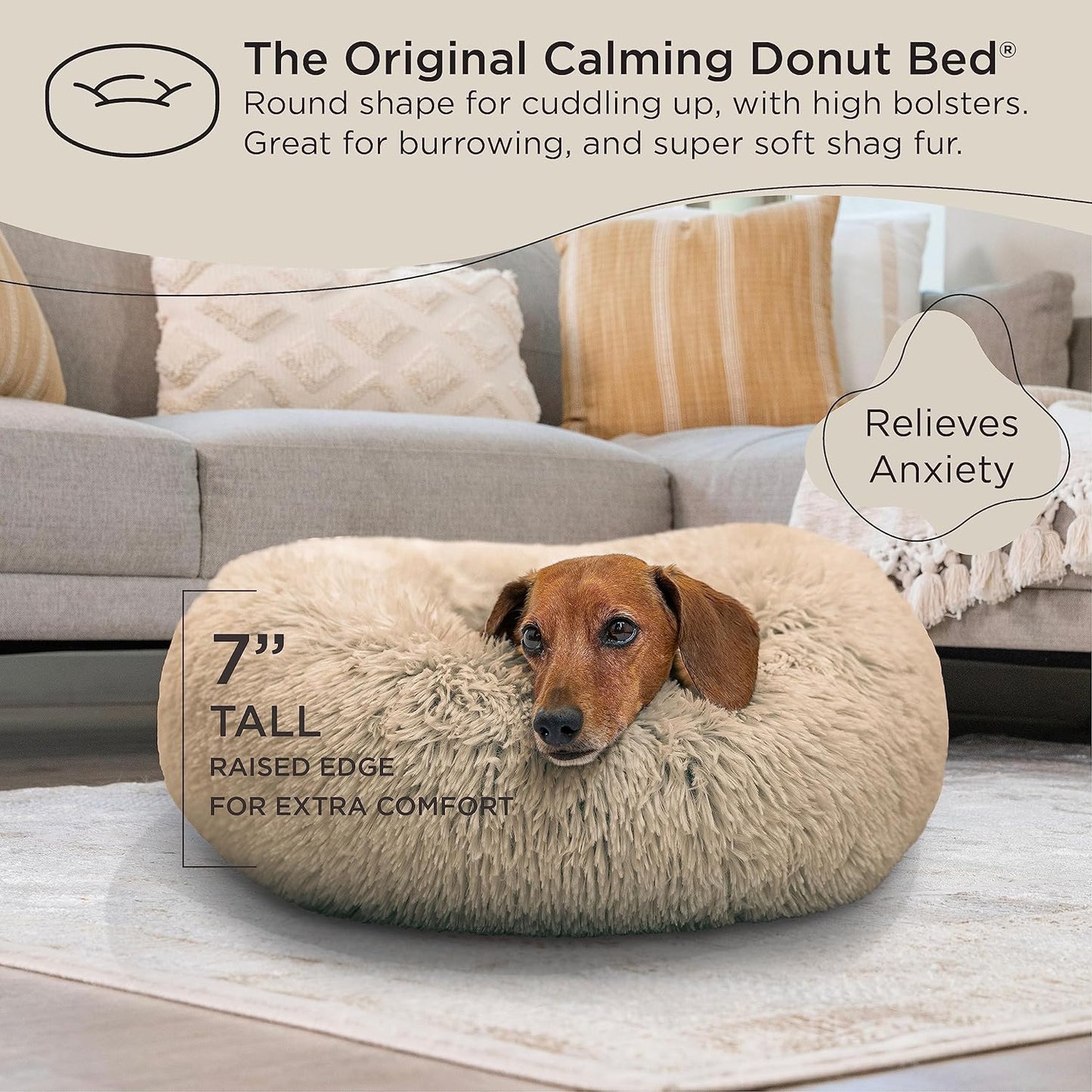 NovaPet Calming Donut Cat and Dog Bed in Shag Fur Taupe, Small 23"