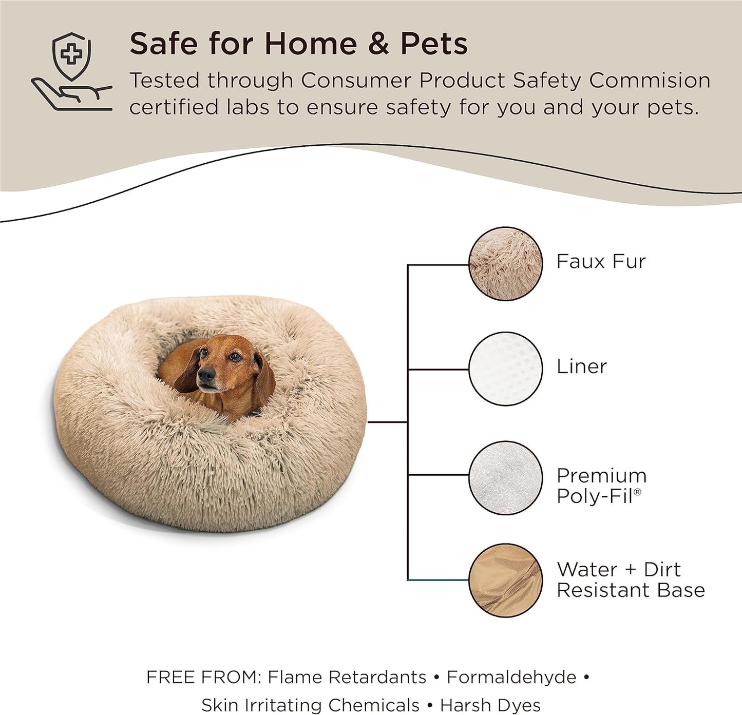 NovaPet Calming Donut Cat and Dog Bed in Shag Fur Taupe, Small 23"