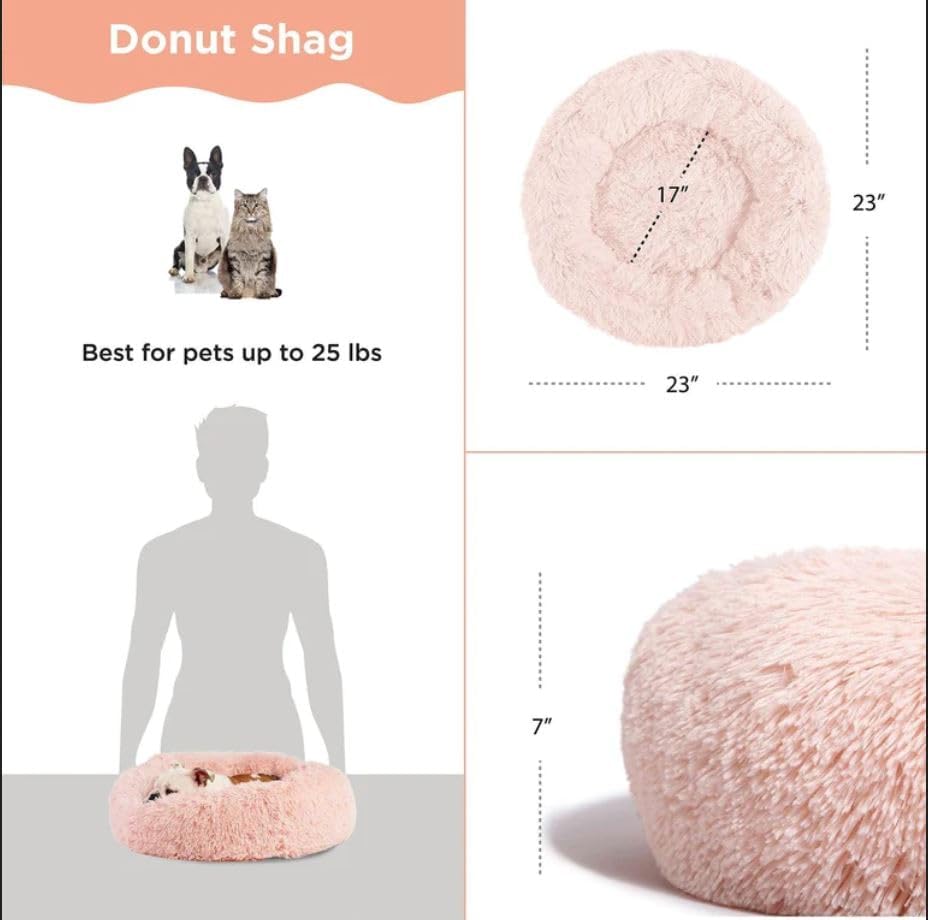 NovaPet Calming Donut Cat and Dog Bed in Shag Fur Taupe, Small 23"