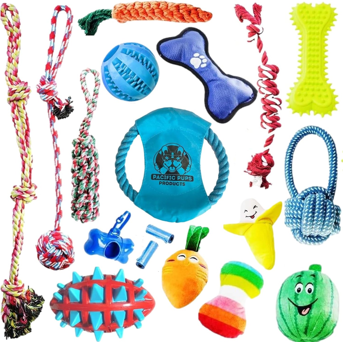 Pacific Pups 18 Piece Dog Toy Set - Plush, Rope & Chew Toys Support Non-Profit Dog Rescue