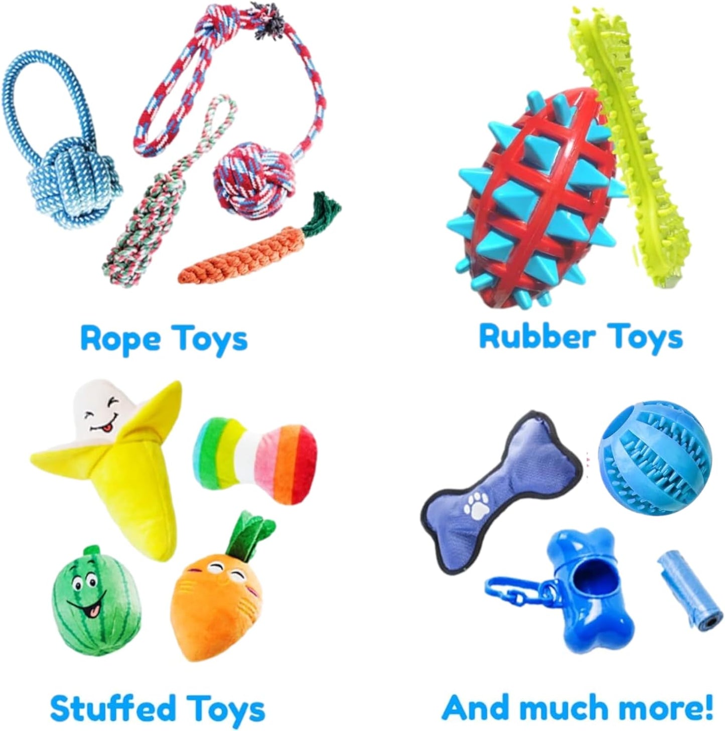 Pacific Pups 18 Piece Dog Toy Set - Plush, Rope & Chew Toys Support Non-Profit Dog Rescue