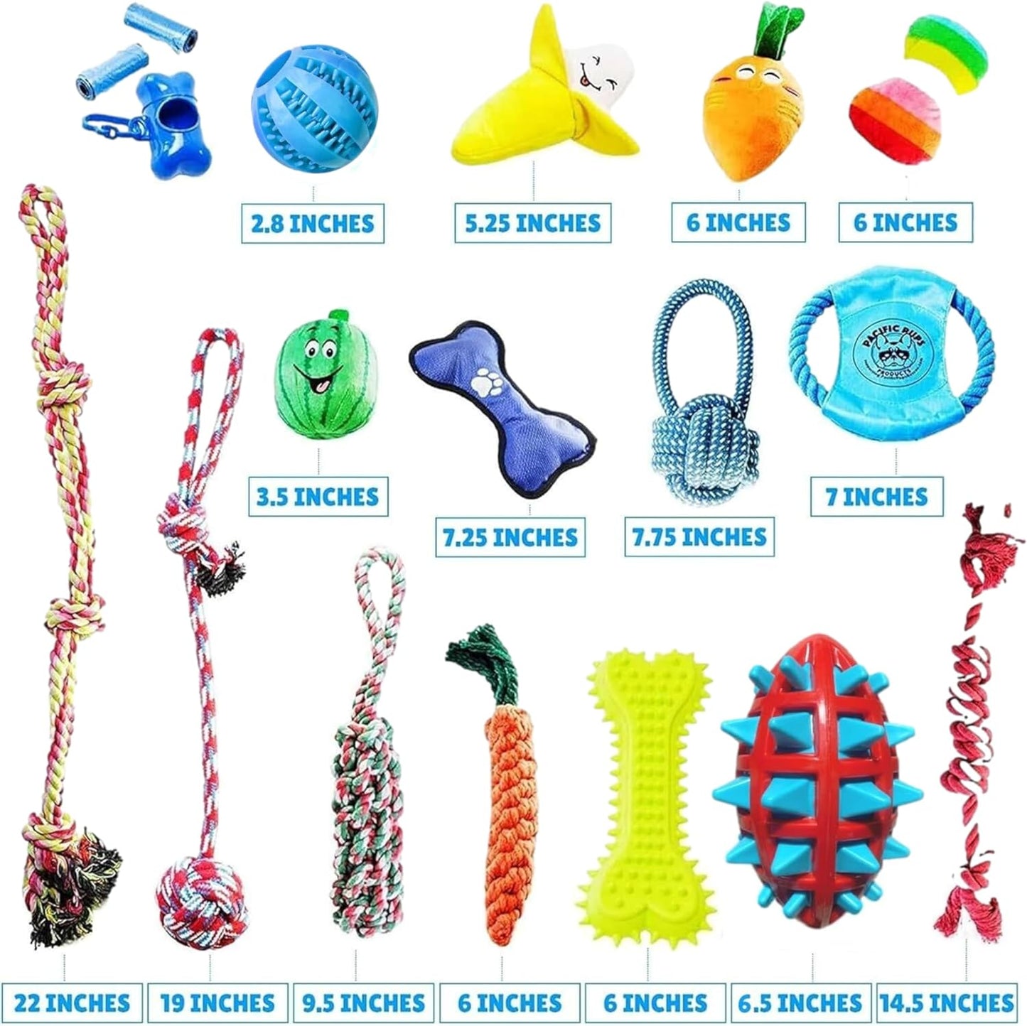 Pacific Pups 18 Piece Dog Toy Set - Plush, Rope & Chew Toys Support Non-Profit Dog Rescue